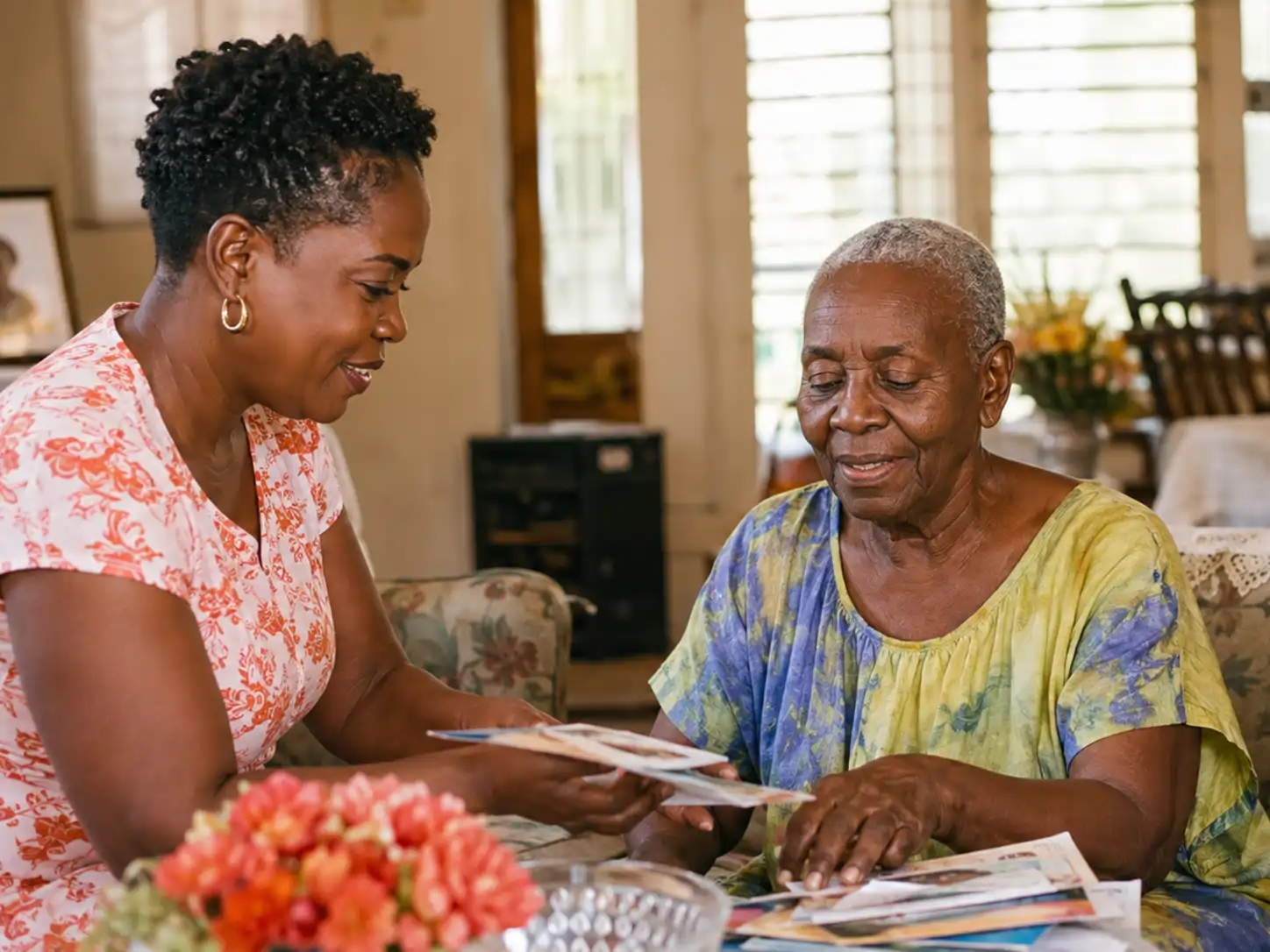 Independent older Jamaican woman with a friendly local companion at home