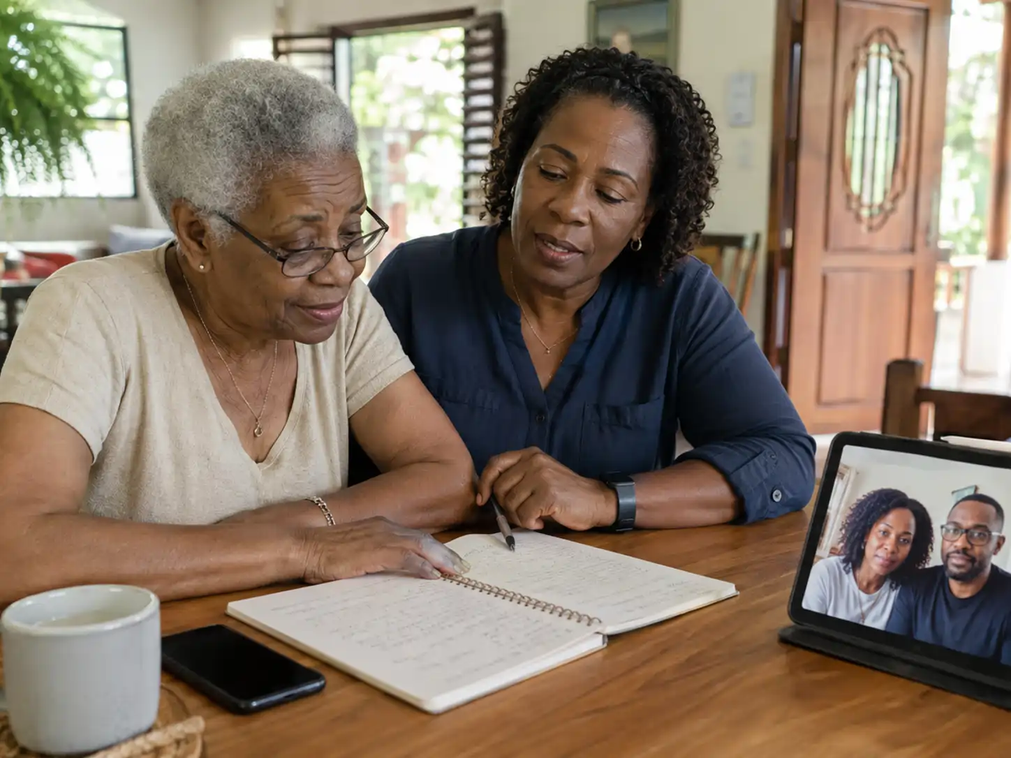 Jamaican family support planning scene with notebook and overseas relatives on video call