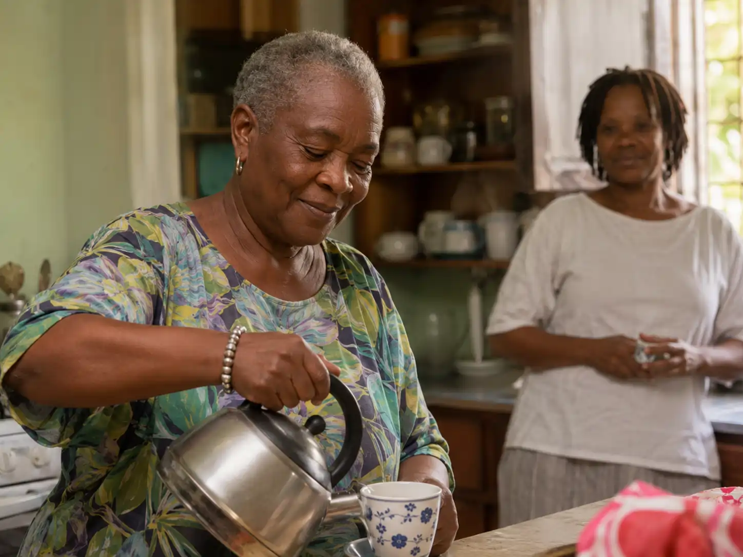 Confident older Jamaican adult independently completing an everyday activity with support nearby