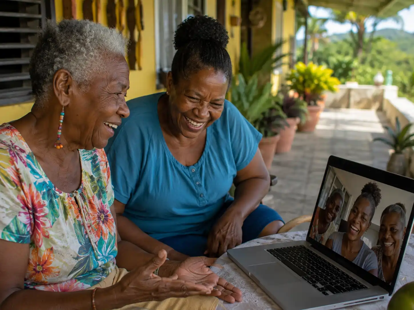 Older Jamaican woman and friendly companion talking on a veranda while family joins by video call