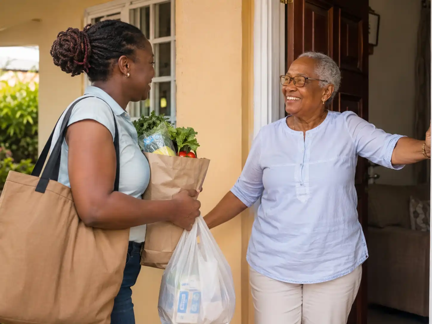 Trusted Jamaican companion delivering groceries and a pharmacy bag to an older adult home