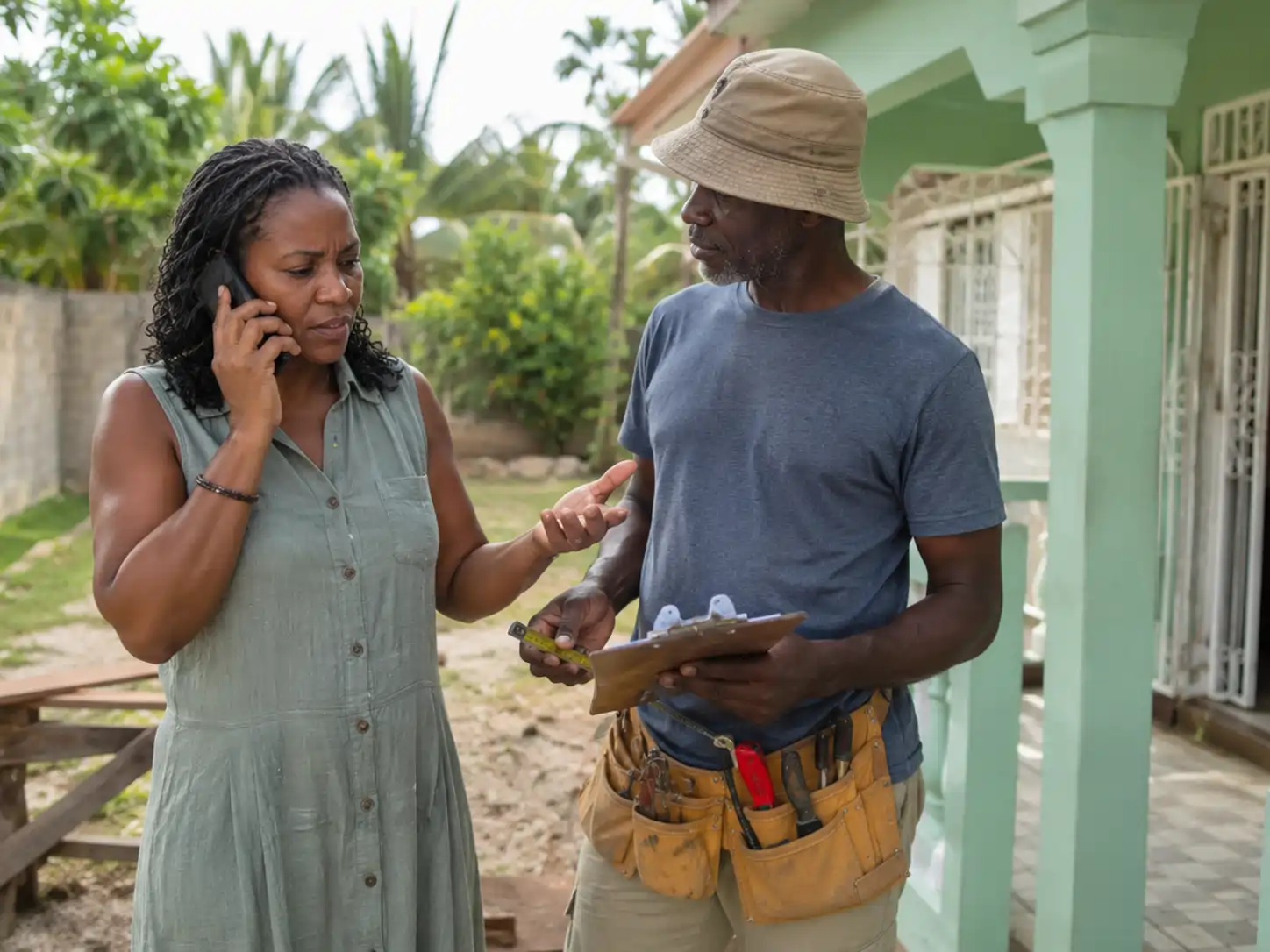 Trusted local coordinator meeting a Jamaican tradesperson outside a family home while updating relatives by phone