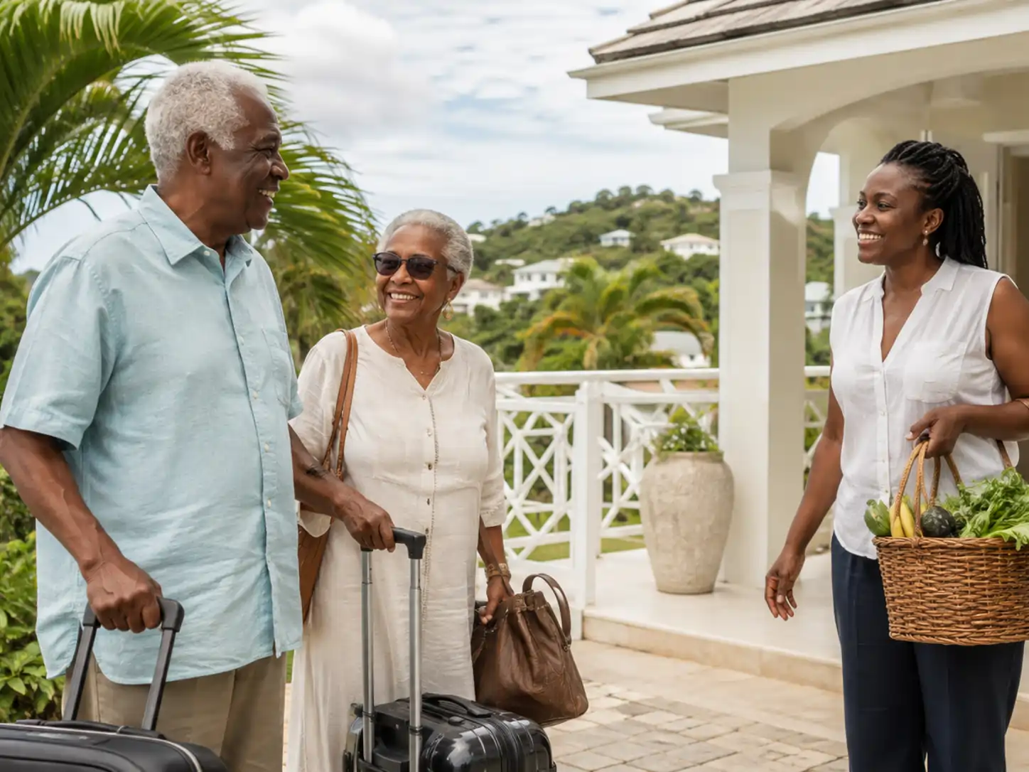 Returning Jamaican couple arriving at a tropical home with luggage
