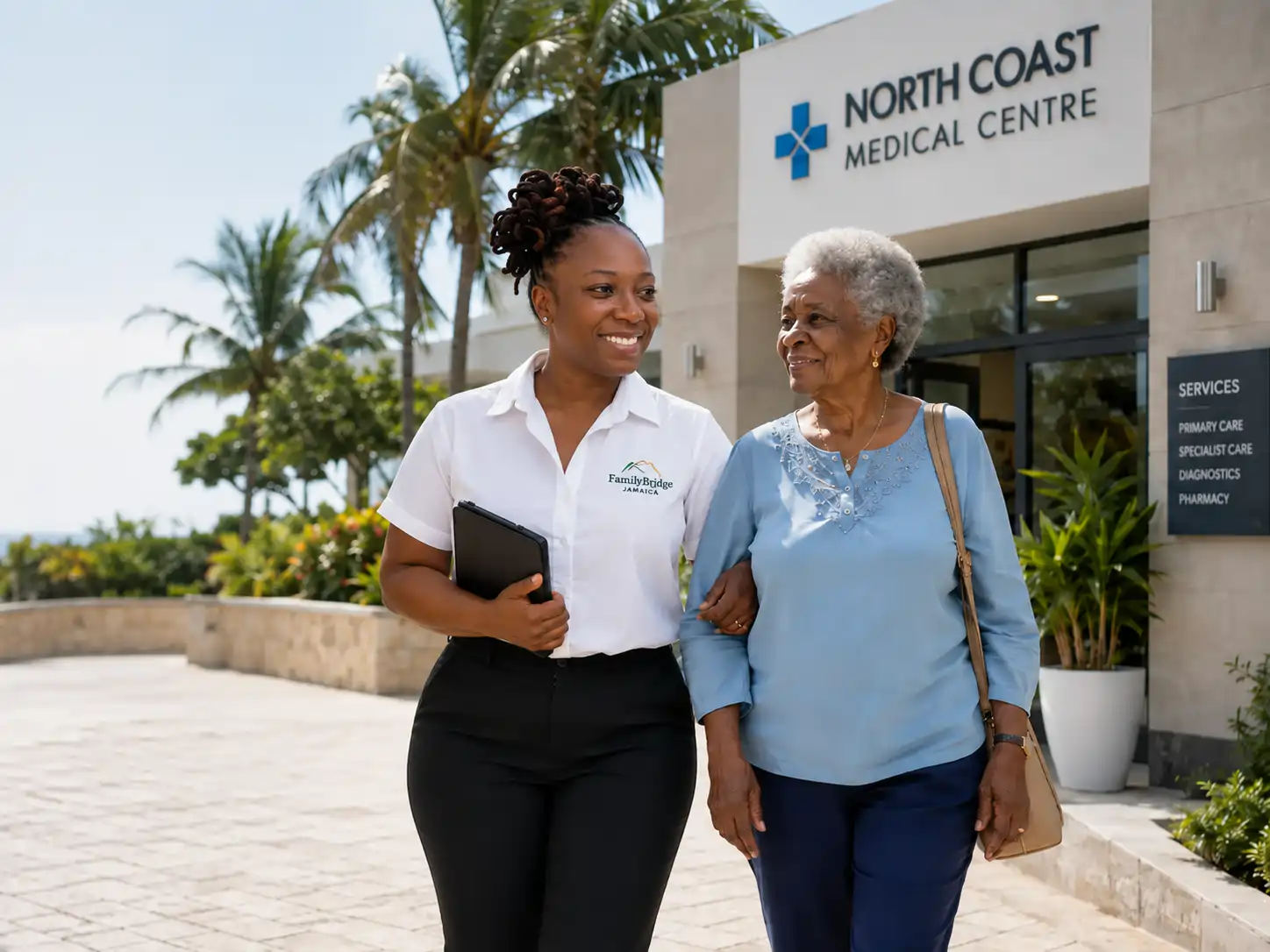 Family Bridge Jamaica representative accompanying an older woman outside a medical centre in Jamaica