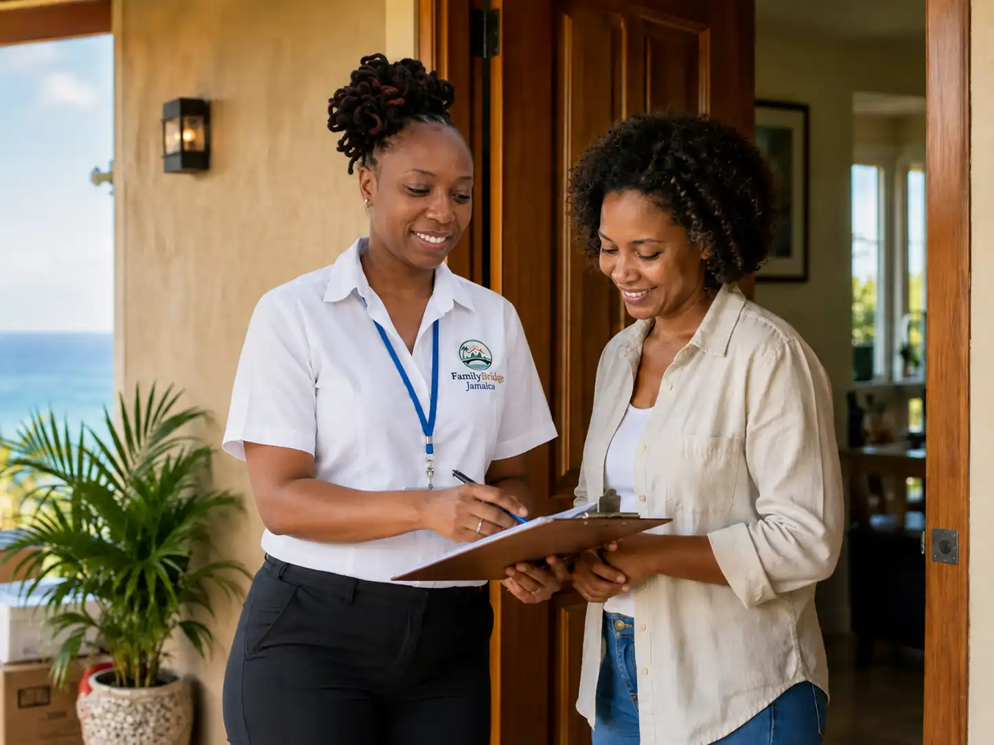 Family Bridge Jamaica representative reviewing service information with a client