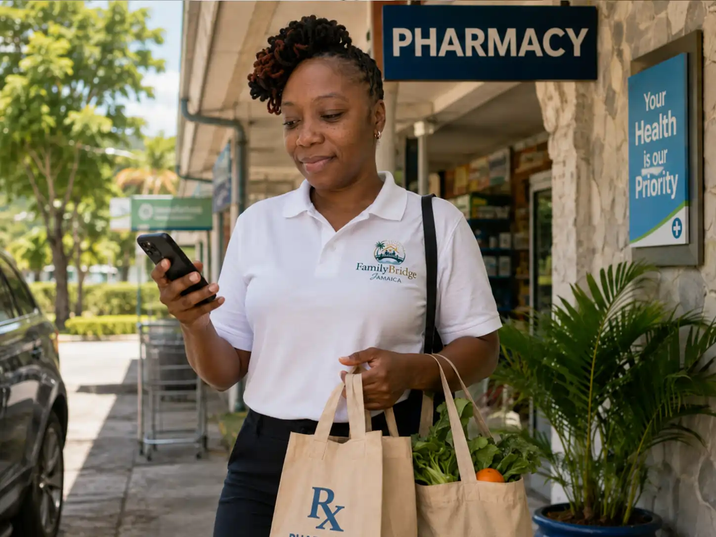 Family Bridge Jamaica representative handling a pharmacy collection in Jamaica